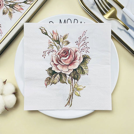 20 Pcs Paper Beverage Napkins 2 Ply Pink/Ivory with Vintage Rose Design 6.5"x6.5" - YauSpark