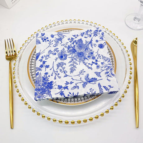 20 Pcs Paper Beverage Napkins 2 Ply White/Blue with French Toile Print 6.5"x6.5" - YauSpark