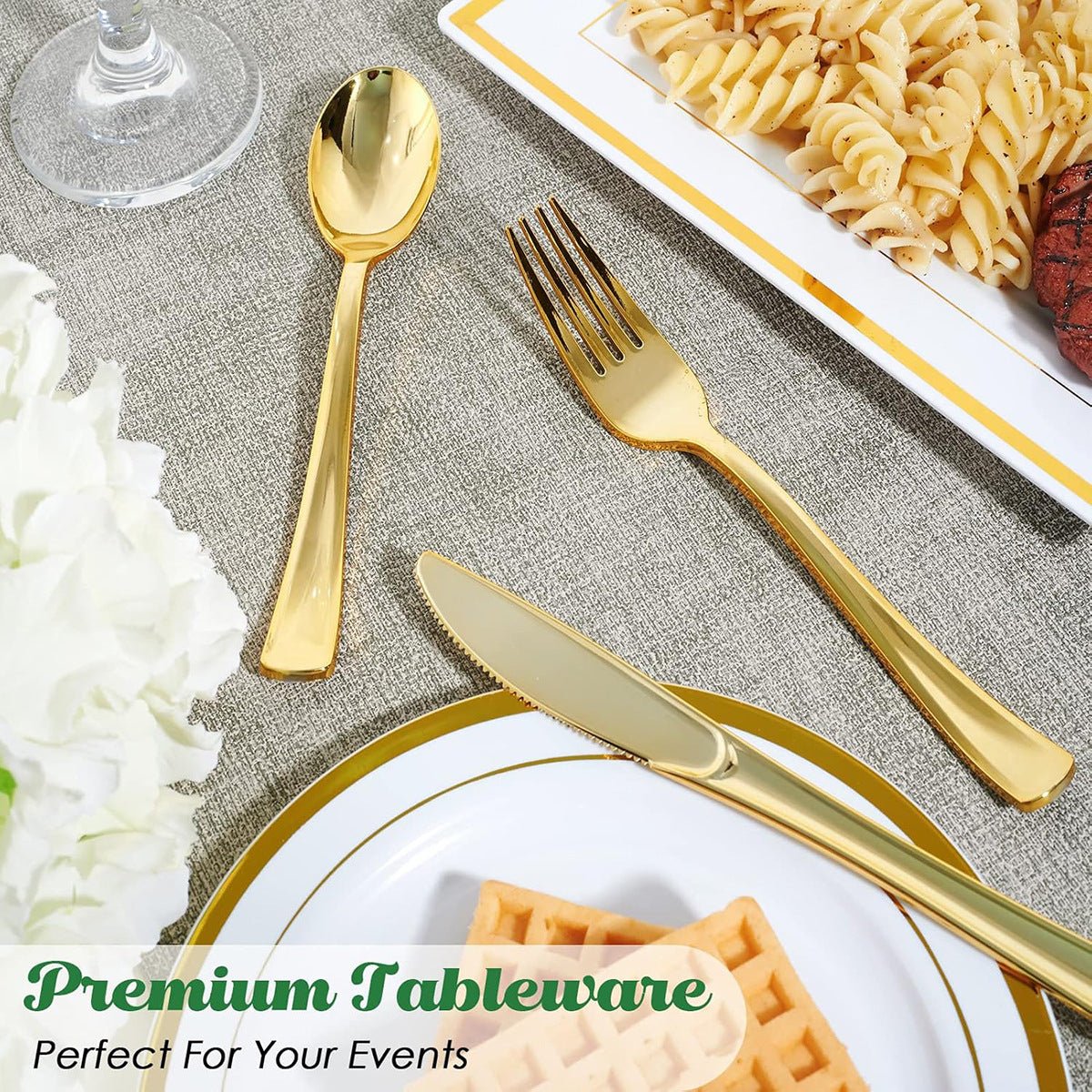 24 Pc Plastic Utensil Set 7",8" Metallic Gold - YauSpark