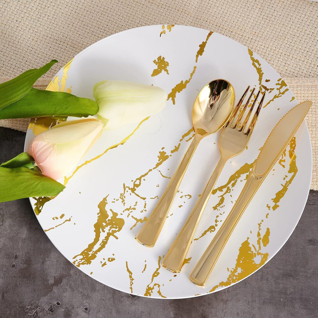 24 Pc Plastic Utensil Set 7",8" Metallic Gold - YauSpark