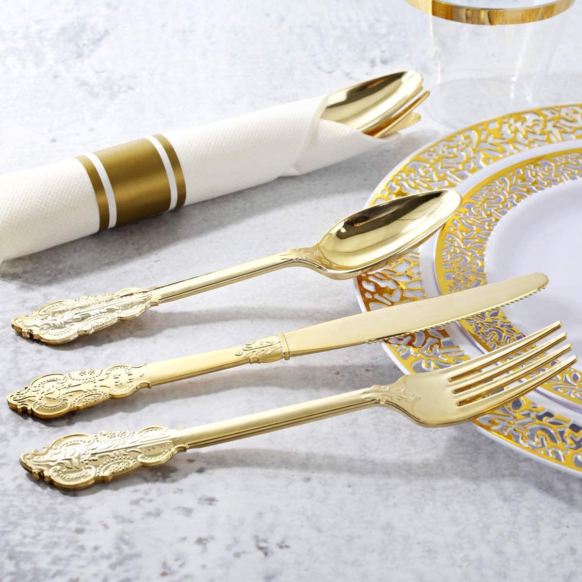 24 Pcs Plastic Silverware Set Metallic Gold in Baroque Style - YauSpark