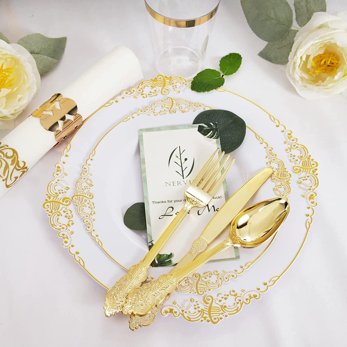 24 Pcs Plastic Silverware Set Metallic Gold in Baroque Style - YauSpark