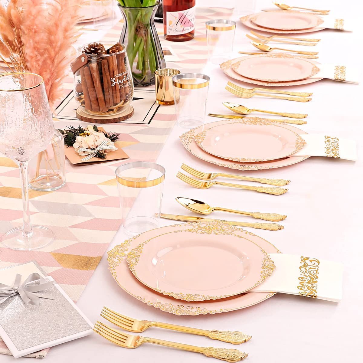 24 Pcs Plastic Silverware Set Metallic Gold in Baroque Style - YauSpark