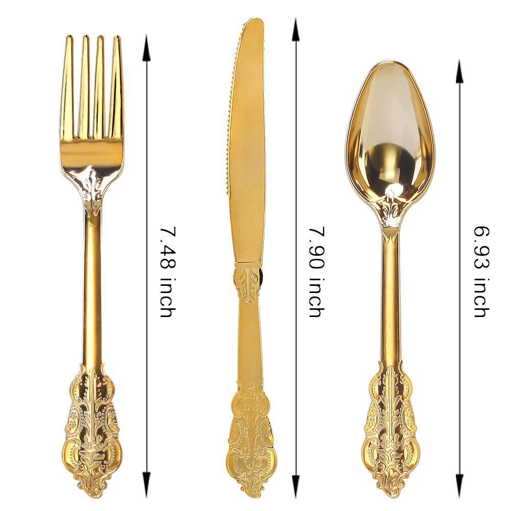 24 Pcs Plastic Silverware Set Metallic Gold in Baroque Style - YauSpark