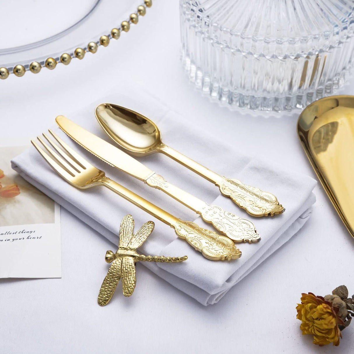 24 Pcs Plastic Silverware Set Metallic Gold in Baroque Style - YauSpark