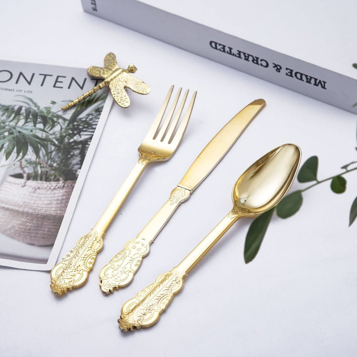 24 Pcs Plastic Silverware Set Metallic Gold in Baroque Style - YauSpark