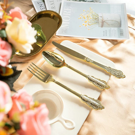 24 Pcs Plastic Silverware Set Metallic Gold in Baroque Style - YauSpark