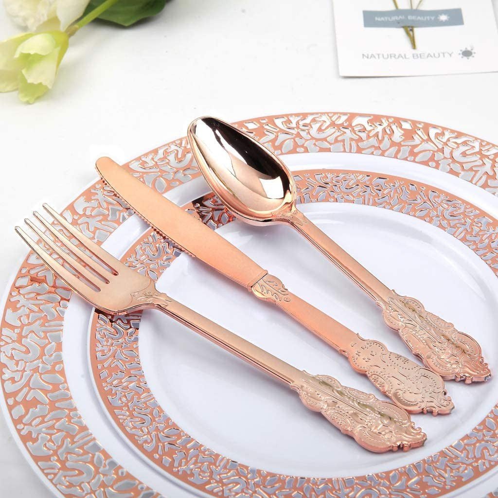 24 Pcs Plastic Silverware Set Metallic Rose Gold in Baroque Style - YauSpark