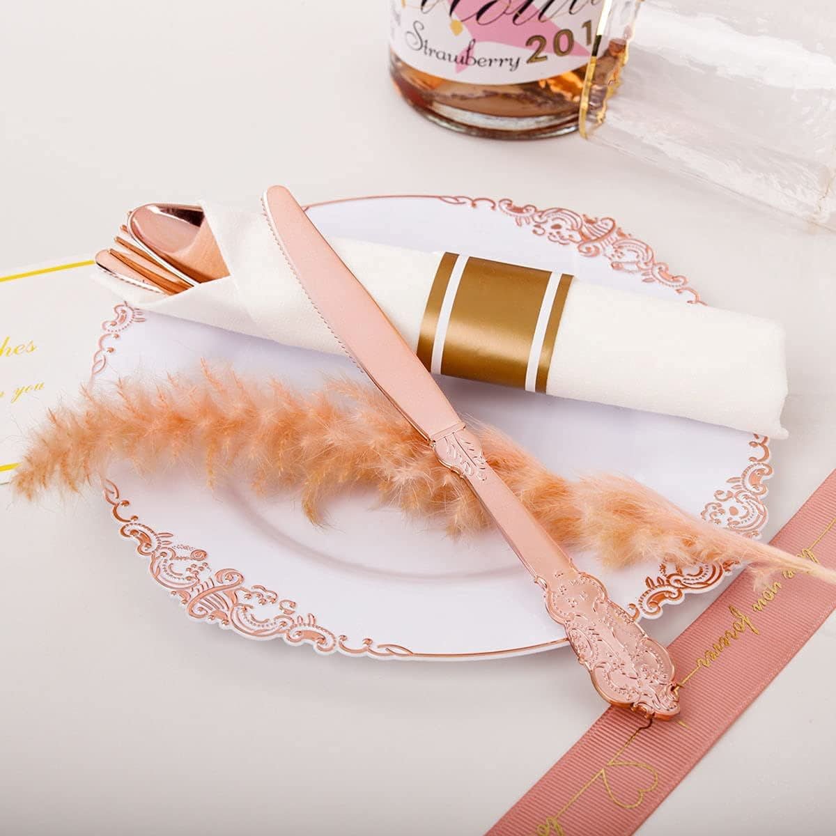 24 Pcs Plastic Silverware Set Metallic Rose Gold in Baroque Style - YauSpark