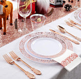 24 Pcs Plastic Silverware Set Metallic Rose Gold in Baroque Style - YauSpark