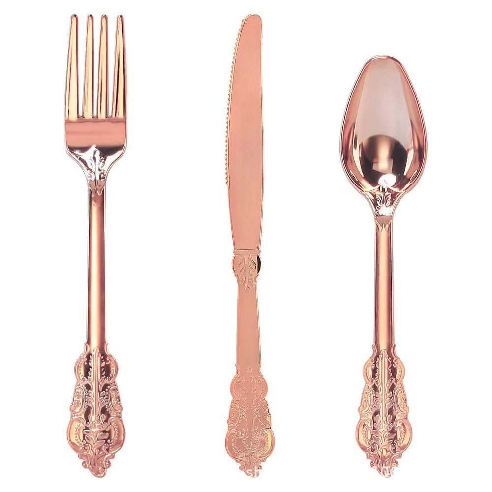 24 Pcs Plastic Silverware Set Metallic Rose Gold in Baroque Style - YauSpark