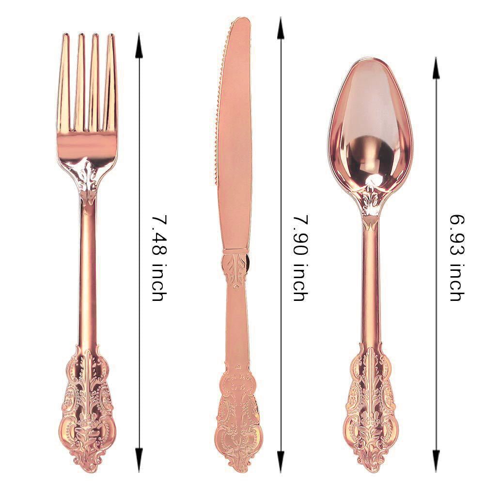 24 Pcs Plastic Silverware Set Metallic Rose Gold in Baroque Style - YauSpark