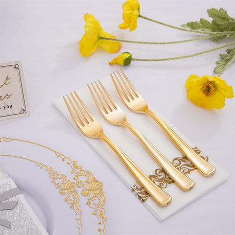 25 Pc Plastic Forks 7" Metallic Gold Classic Heavy Duty - YauSpark