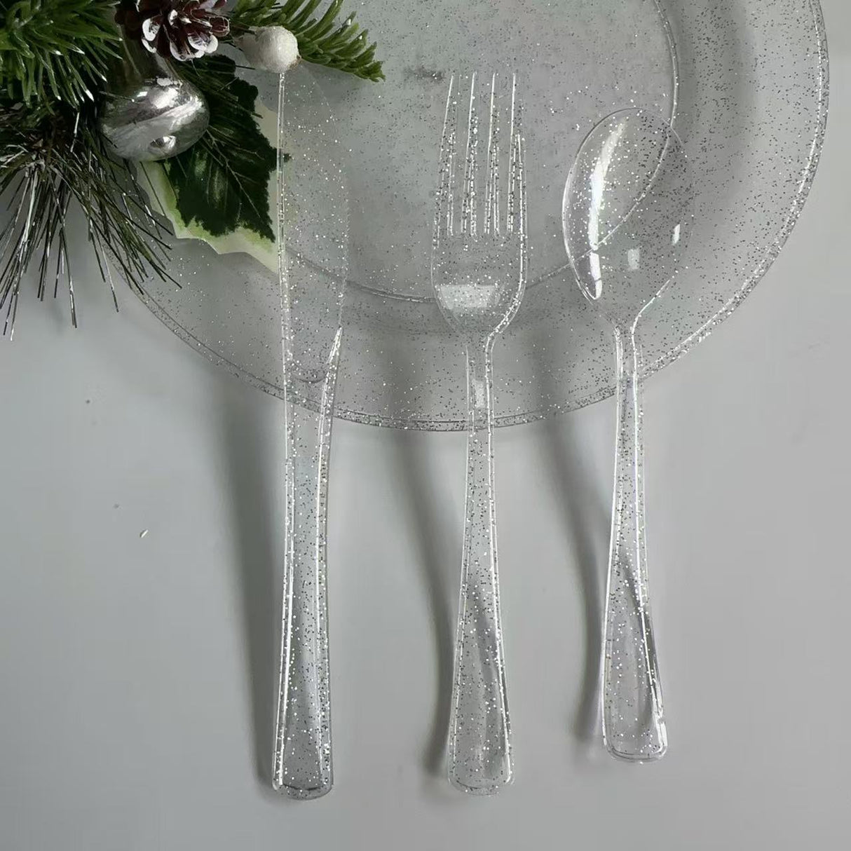 25 Pc Plastic Spoons 7" Transparent Silver Glitter Classic Heavy Duty - YauSpark