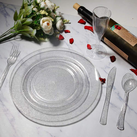 25 Pc Plastic Spoons 7" Transparent Silver Glitter Classic Heavy Duty - YauSpark