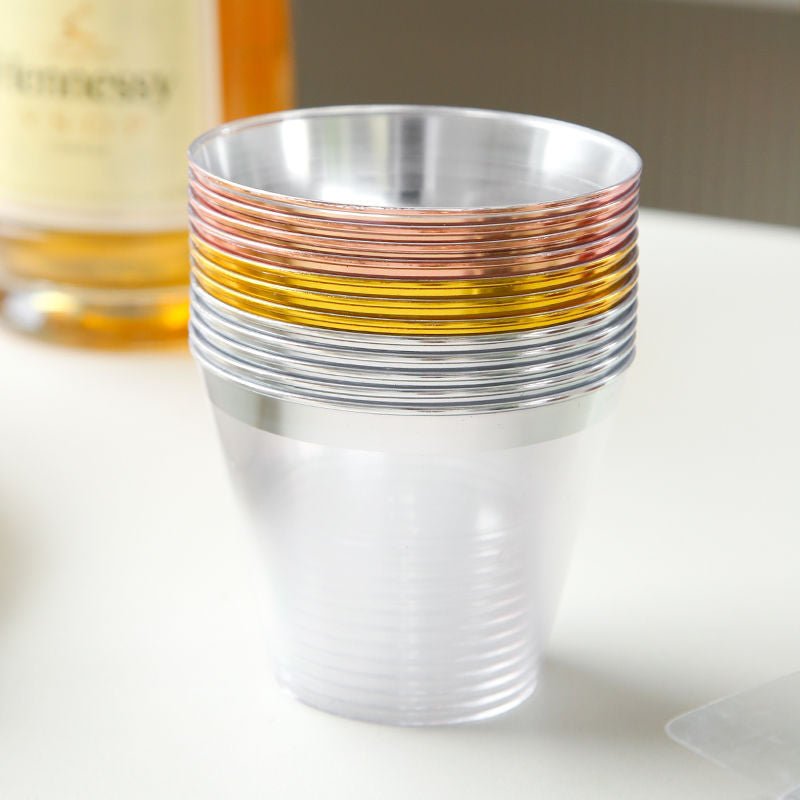 25 Pcs Plastic Party Cups 9oz Clear Crystal with Silver Rim - YauSpark