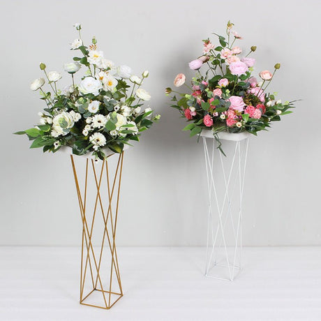 2Pc Metal Pedestal Stands 26" Gold Geometric Crisscross Design - YauSpark