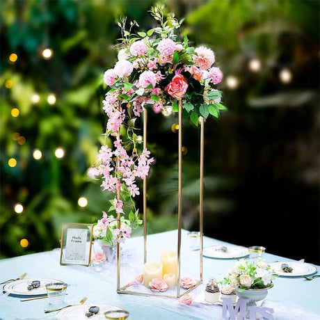 2Pc Rectangular Gold Metal Wedding Flower Stand Geometric Column Frame - YauSpark