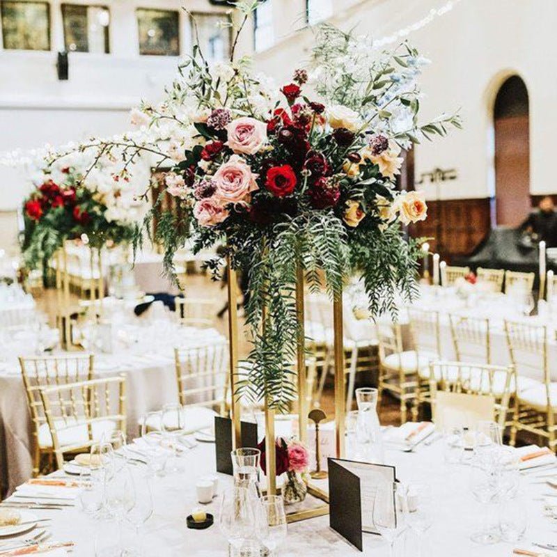 2Pc Rectangular Gold Metal Wedding Flower Stand Geometric Column Frame - YauSpark