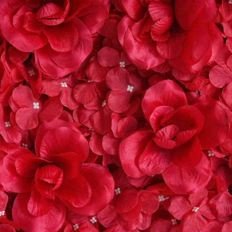 Red 3D Silk Rose and Hydrangea Flower Wall Mat Backdrop - 4 Artificial Panels