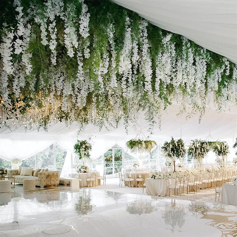 5 Pc Artificial Silk Hanging Wisteria Flower Garland Vines, 3 Strands in 1 Bush 44" White - YauSpark