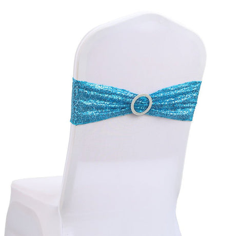 5 Pc Sequin Spandex Chair Sashes 6"x14" Lake Blue - YauSpark