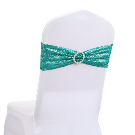 5 Pc Sequin Spandex Chair Sashes 6"x14" Peacock Green - YauSpark