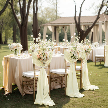5 Pc Wedding Chiffon Chair Sashes Cover 8"x100" Old Champagne & Ivory White - YauSpark