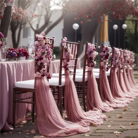 5 Pc Wedding Chiffon Chair Sashes Cover 8"x100" Rubber Pink - YauSpark