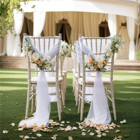 5 Pc Wedding Chiffon Chair Sashes Cover 8"x100" White & Light Pink - YauSpark