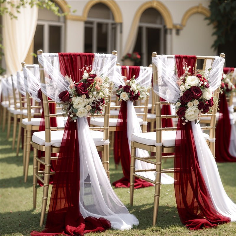 5 Pc Wedding Chiffon Chair Sashes Cover 8"x100" White & Wine Red - YauSpark