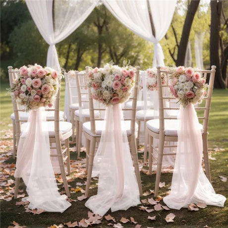 5 Pc Wedding Chiffon Chair Sashes Cover 8"x100" Wine Red & Blush - YauSpark