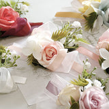 6 Pcs Wedding Two - Headed Rose Wrist Corsage Blue Yellow - YauSpark
