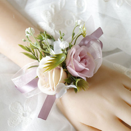 6 Pcs Wedding Two - Headed Rose Wrist Corsage Purple - YauSpark