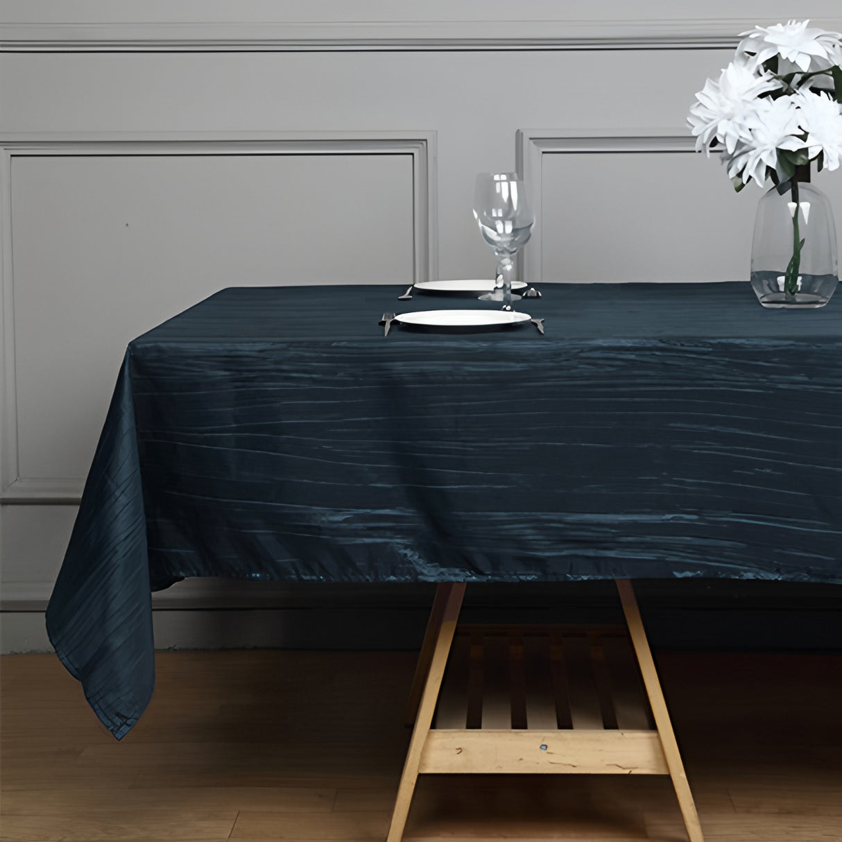 Polyester Accordion Crinkle Design Tablecloth Rectangle Navy Blue