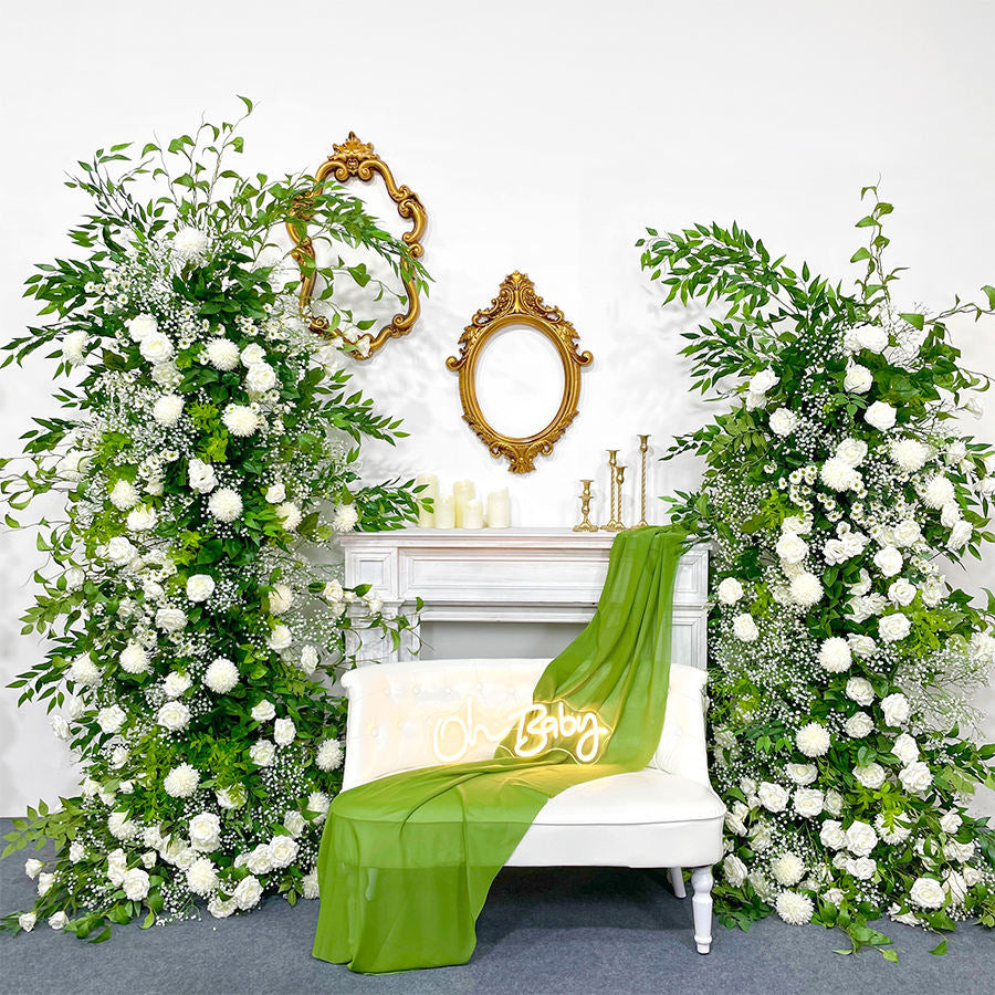 2 Set Artificial Floral Wedding Backdrop Decoration Chrysanthemum Gypsophila Green White