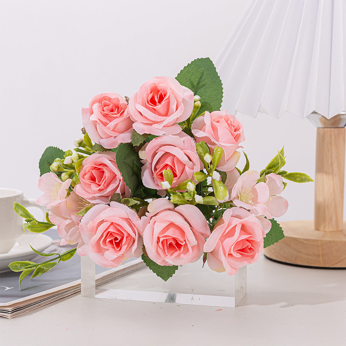 4 Bushes Artificial Rose Bridal Bouquet 12" Pink