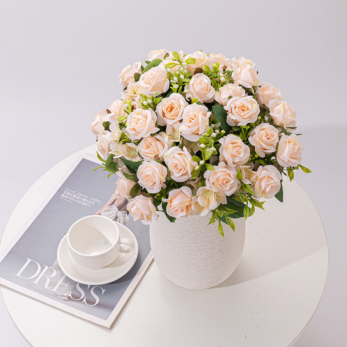 4 Bushes Artificial Rose Bridal Bouquet 12" Champagne