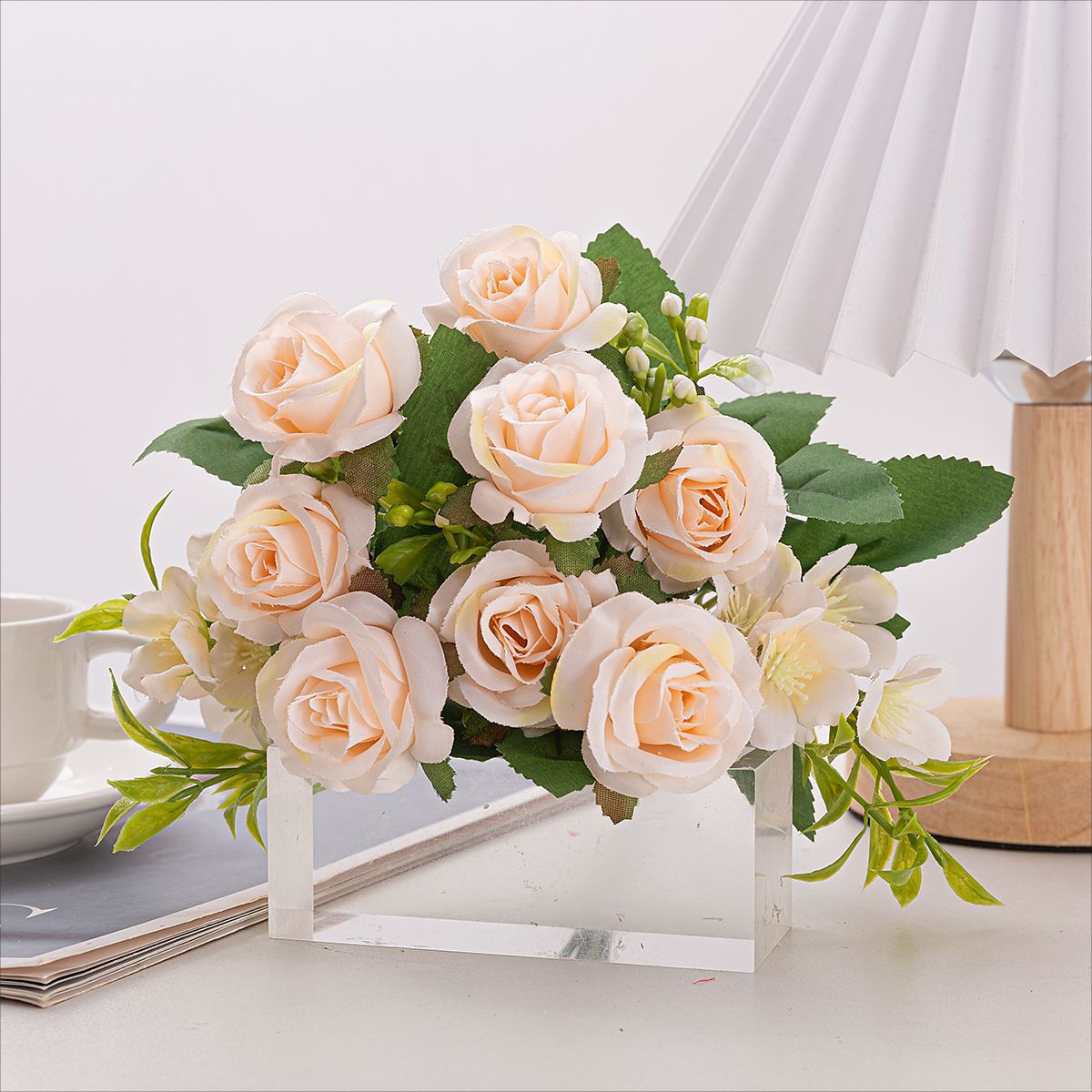 4 Bushes Artificial Rose Bridal Bouquet 12" Champagne