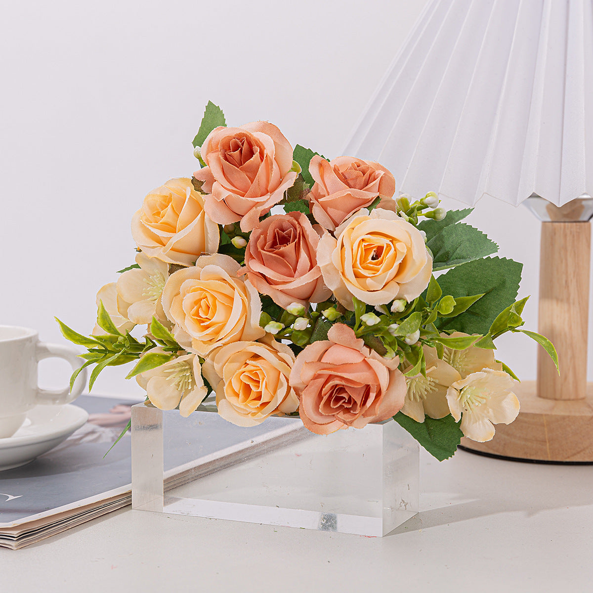 4 Bushes Artificial Rose Bridal Bouquet 12" Orange