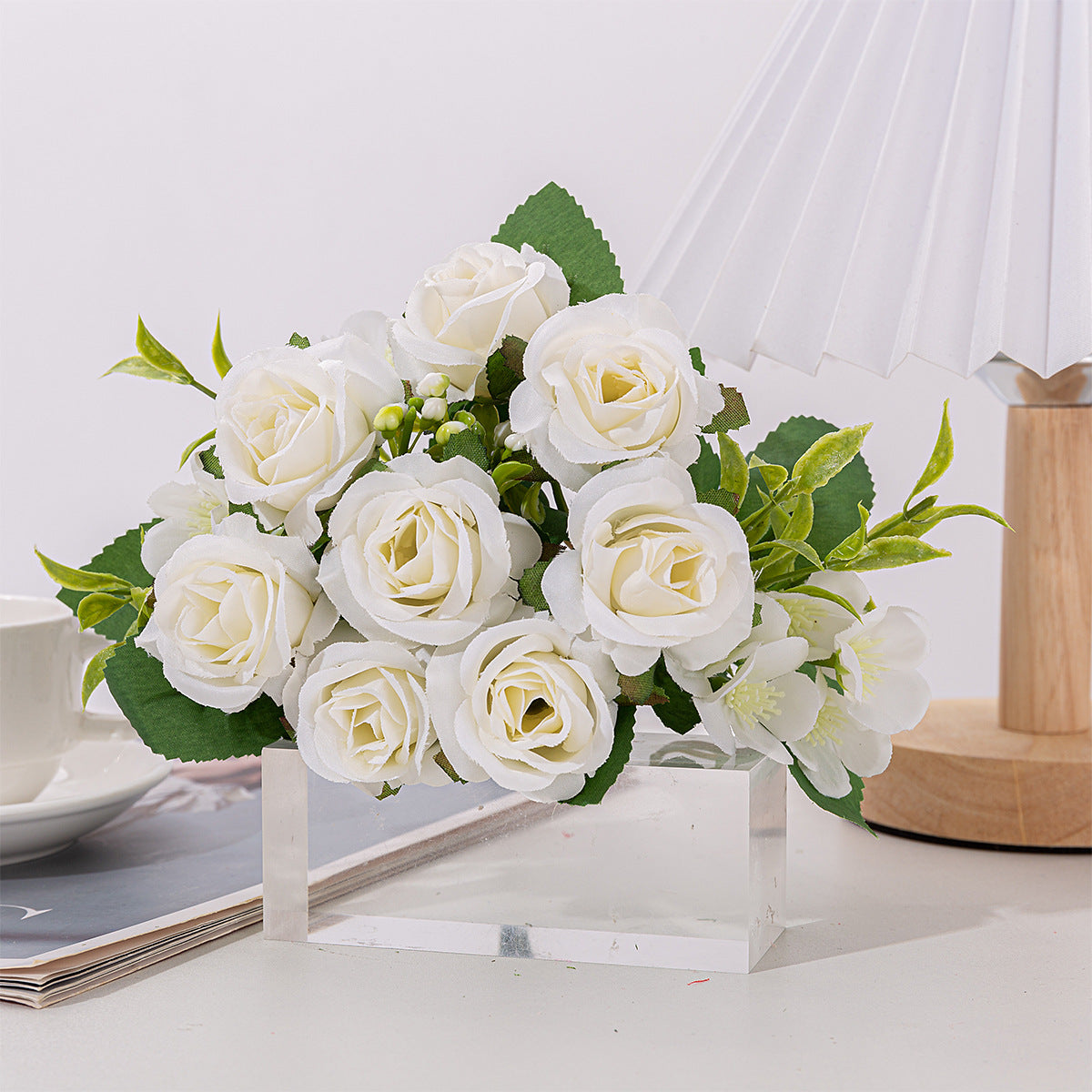 4 Bushes Artificial Rose Bridal Bouquet 12" White