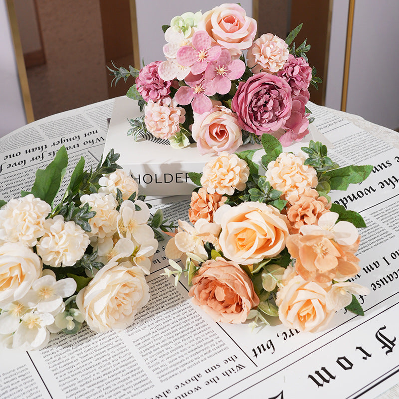 2 Pcs Silk Rose Bouquets Mixed Peony & Hydrangea 12" Champagne with Sand Red