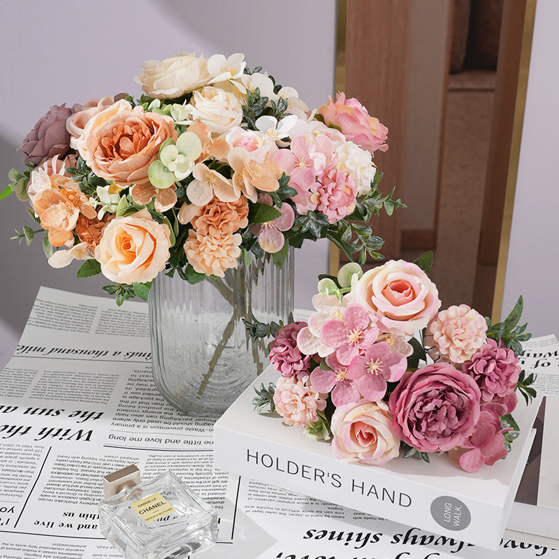 2 Pcs Silk Rose Bouquets Mixed Peony & Hydrangea 12" Champagne with Sand Red