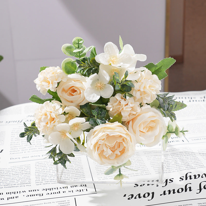 2 Pcs Silk Rose Bouquets Mixed Peony & Hydrangea 12" Champagne