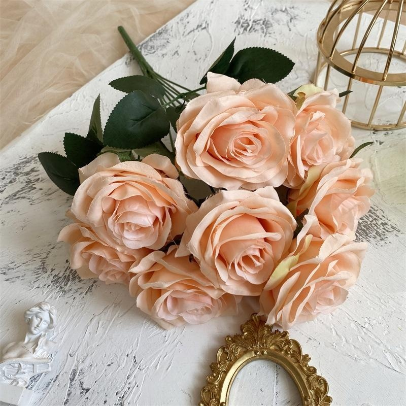 2 Bushes Artificial Silk Rose Flower Arrangements 18" Light Orange