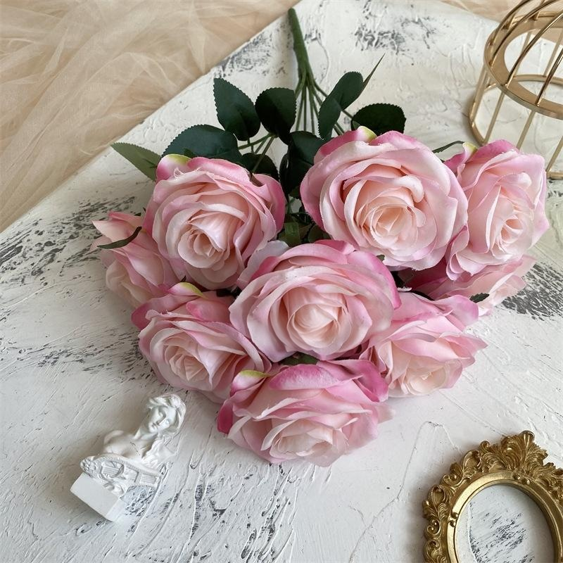 2 Bushes Artificial Silk Rose Flower Arrangements 18" Pink Edge