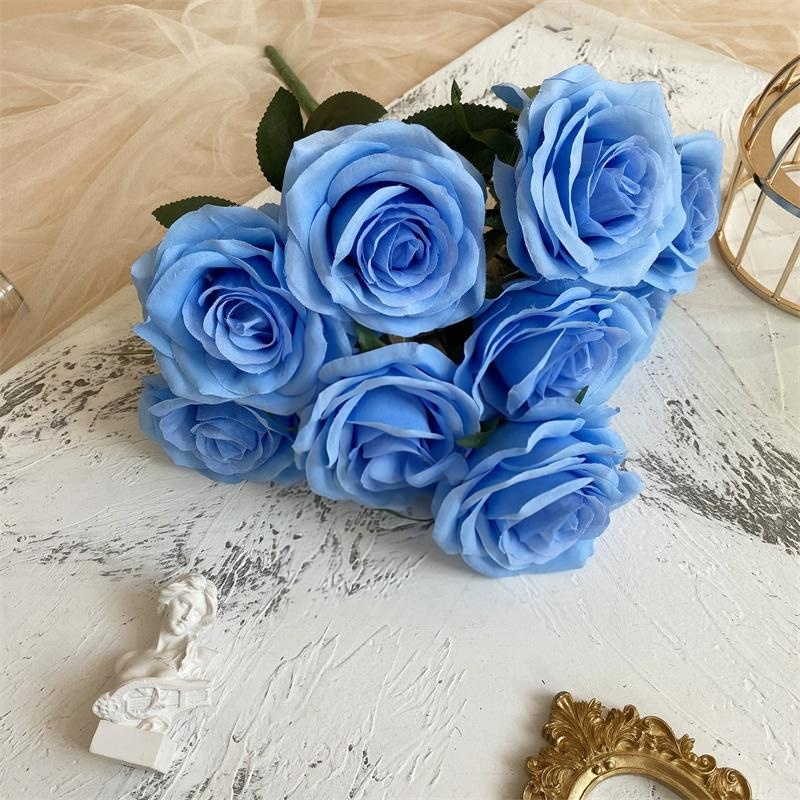 2 Bushes Artificial Silk Rose Flower Arrangements 18" Dark Blue