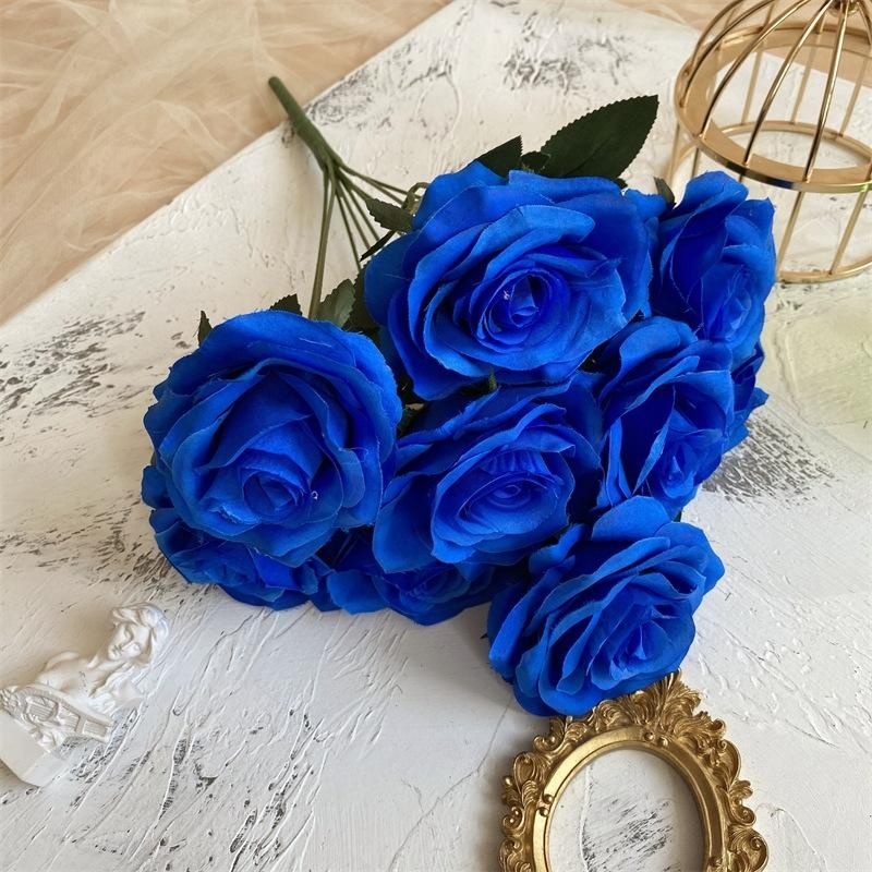 2 Bushes Artificial Silk Rose Flower Arrangements 18" Royal Blue