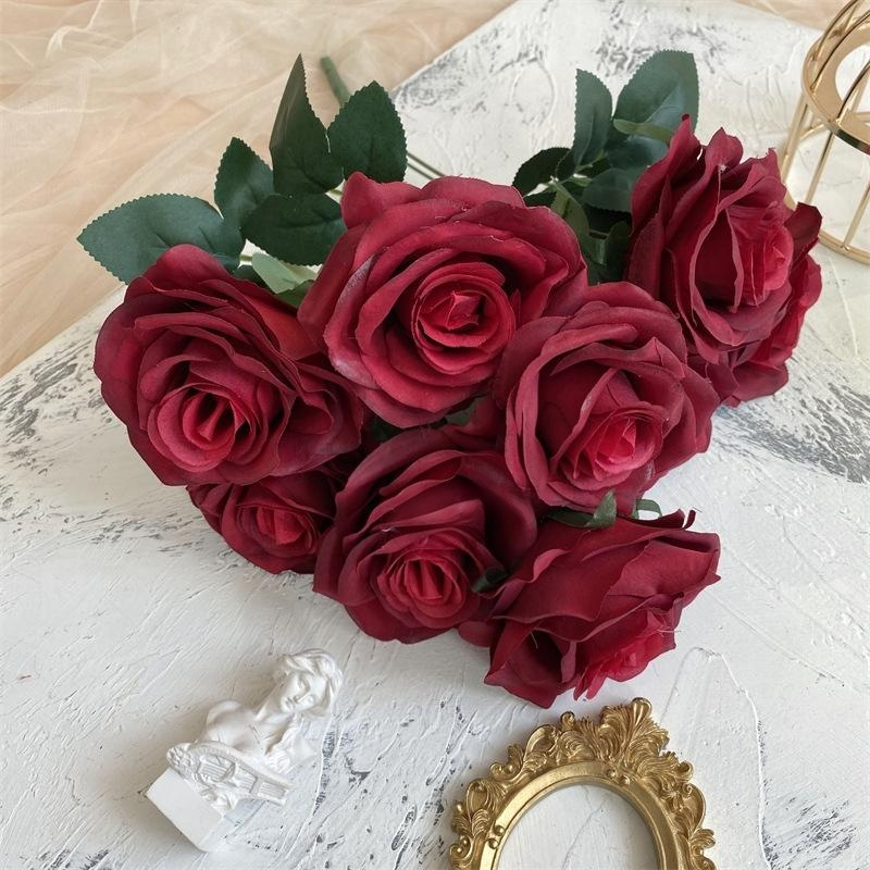 2 Bushes Artificial Silk Rose Flower Arrangements 18" Dark Red