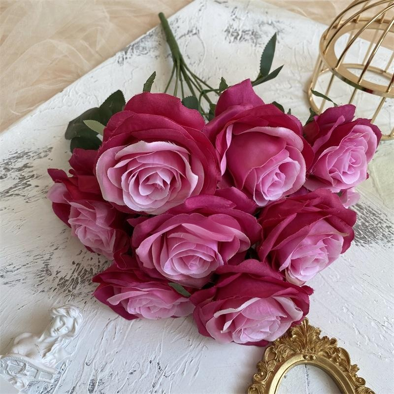 2 Bushes Artificial Silk Rose Flower Arrangements 18" Deep Rose Red